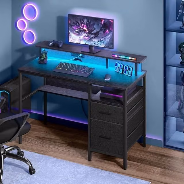 VASAGLE Computer Home Office Desk in Black with Monitor Stand and USB Ports – 1