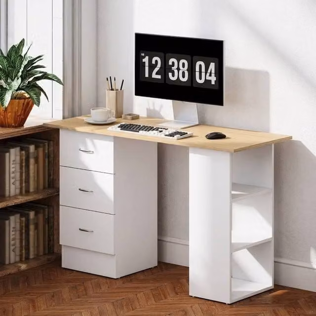 STILVORA Modern Computer Desk with 3 Drawers and Shelves in Brown and White, W: 120 cm, H: 72 cm
