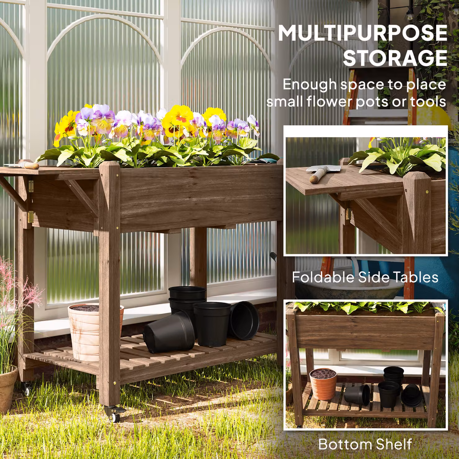 Outsunny Brown Carbonised Wooden Raised Garden Bed with Lockable Wheels, Side Tables and Bottom Shelf, W/D/H: 145 x 86 x 46 cm – 4