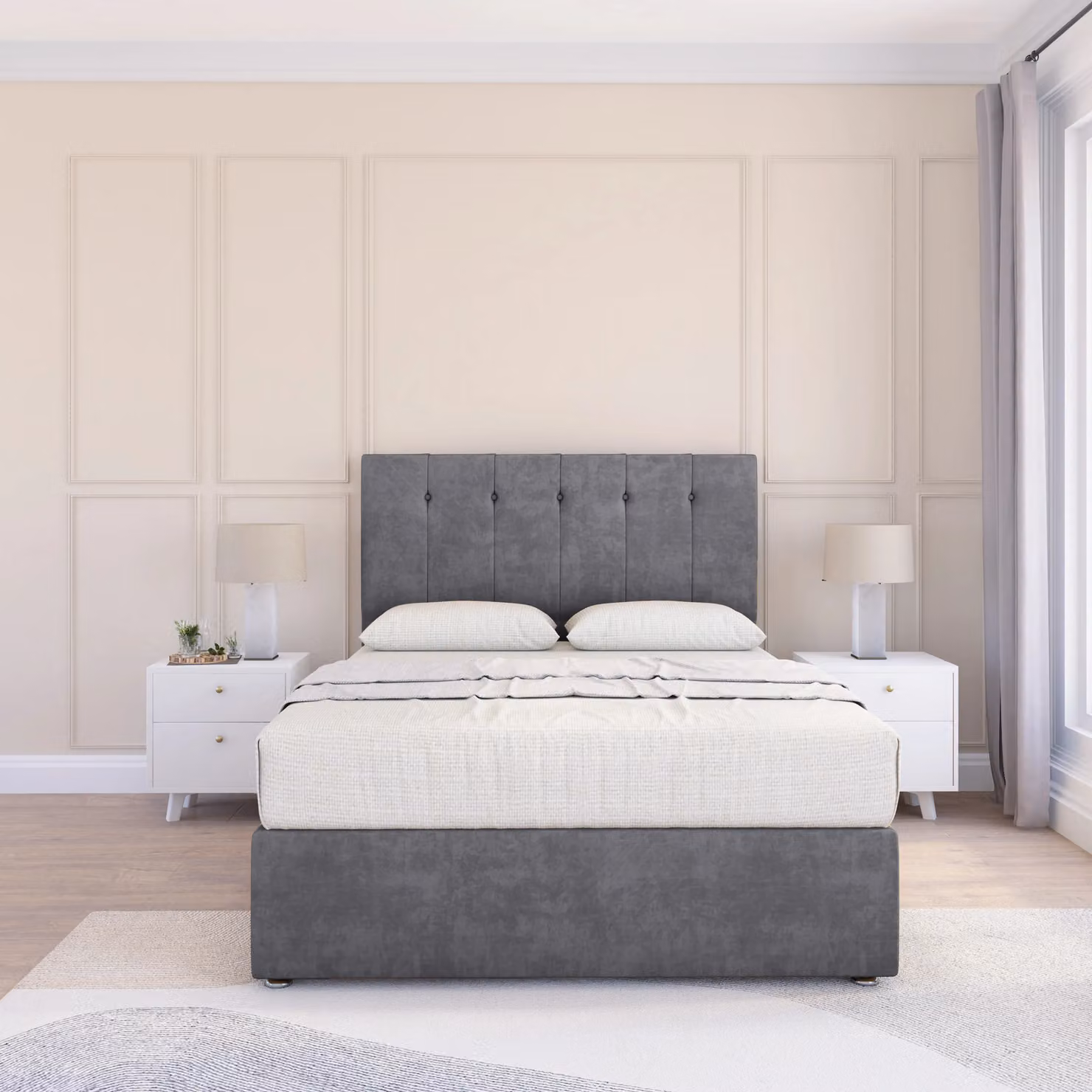 Sloomy Watson Chesterfield Upholstered Divan Bed Base with Headboard in Grey, Size: King (W/D/H: 180 x 200 cm)
