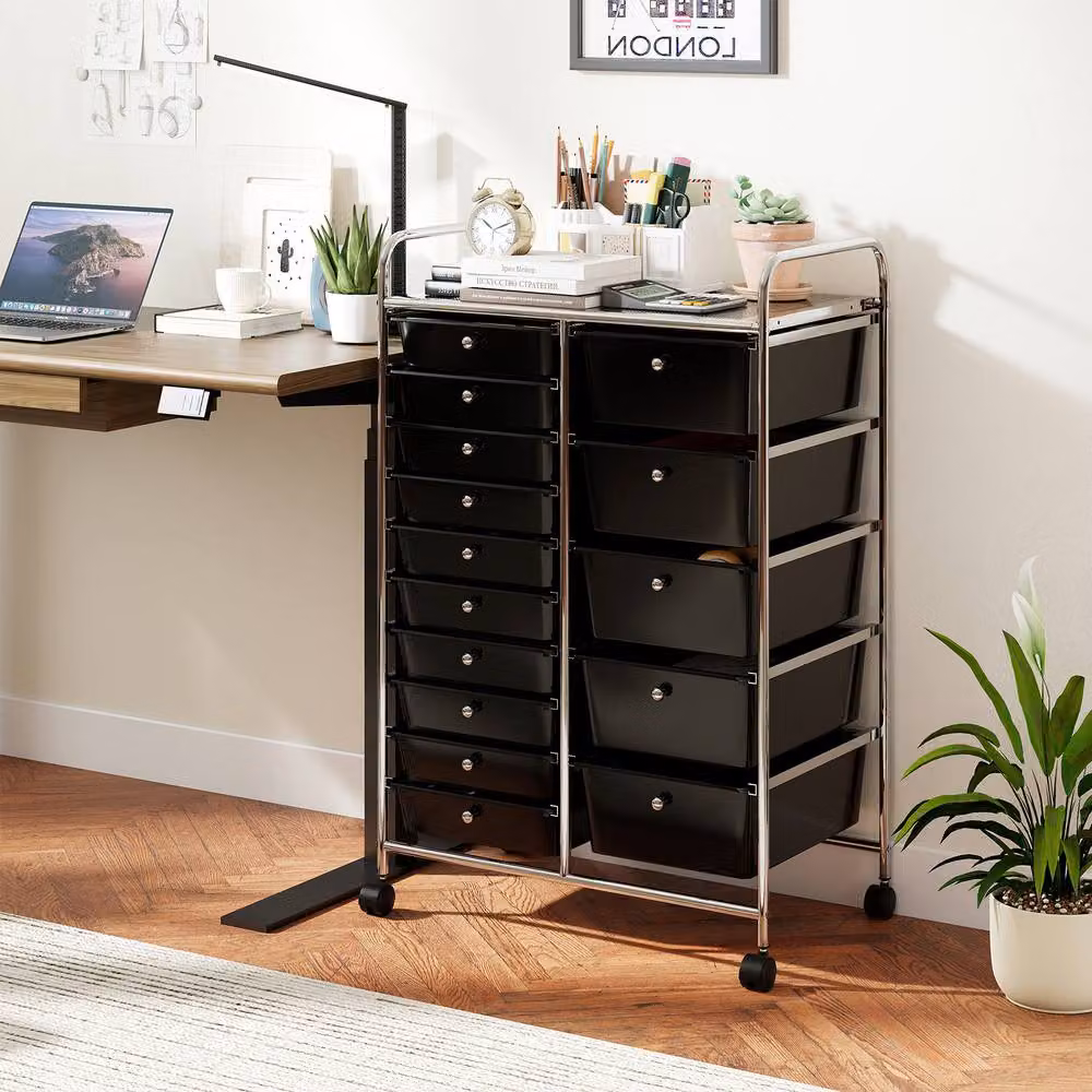 Gymax Art Craft Organizer Rolling Utility Cart with 15 Drawers in Black – 3