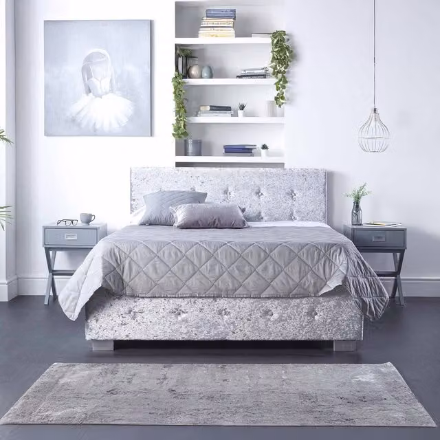Aspire Silver Crushed Velvet Upholstered Side Opening Ottoman Storage Bed