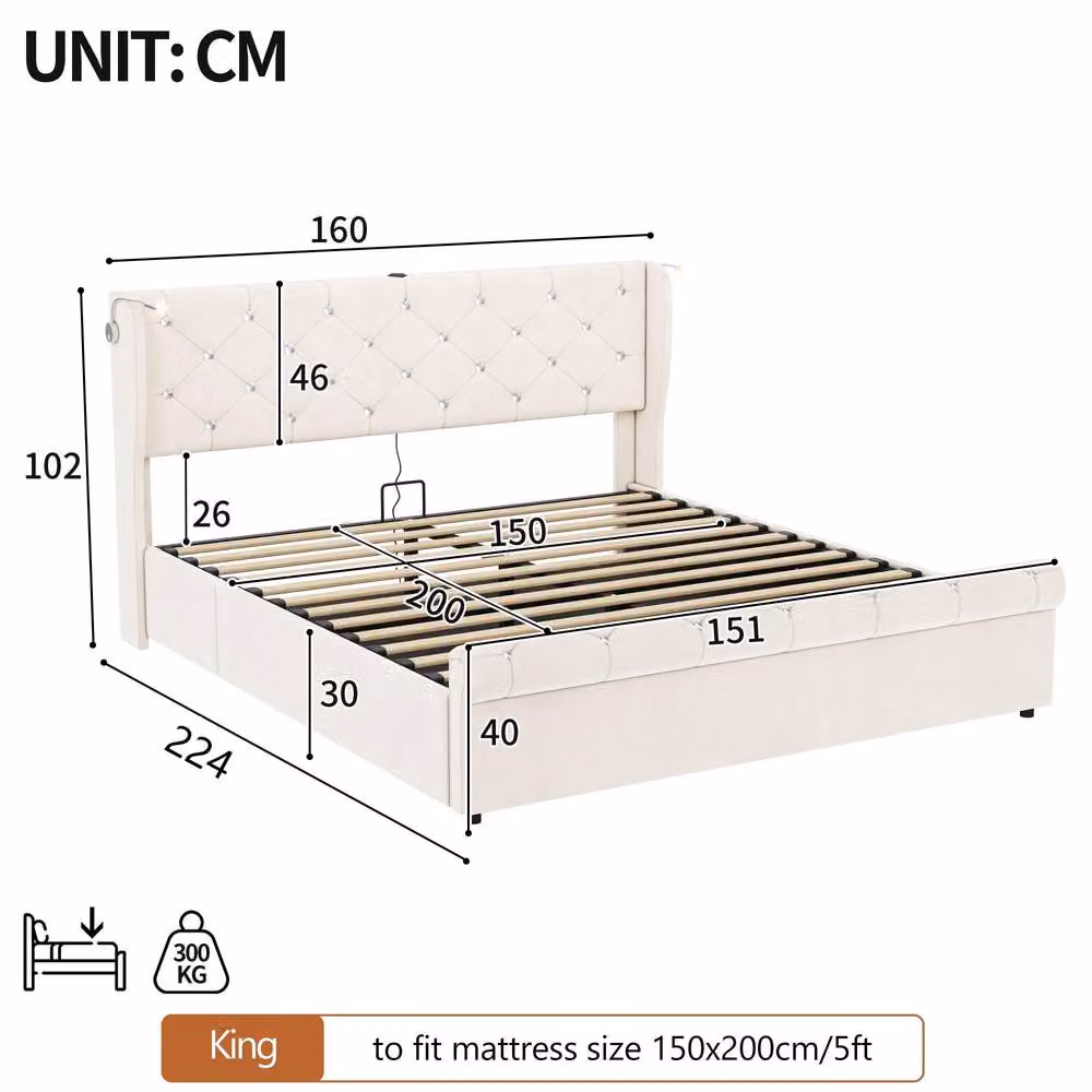 Rolipo King Size Beige Velvet Upholstered Bed Frame with Hydraulic Storage and Integrated USB Charging Port, W/D/H: 180 x 200 cm – 6