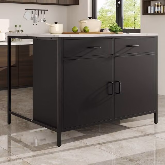 Merax Black Kitchen Island Cabinet with Marble Effect Top and Coffee Bar Table, W/D/H: 100 x 90 x 90 cm