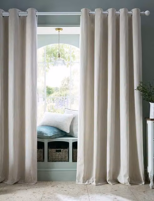 Laura Ashley Cornish Chenille Striped Eyelet Curtains in Natural Beige, Height: 137 cm
