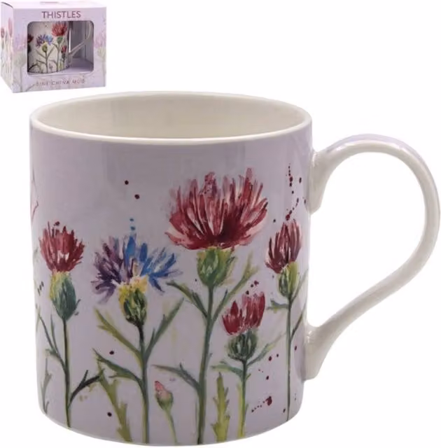 KDMD White Thistle Floral Patterned Ceramic Mug