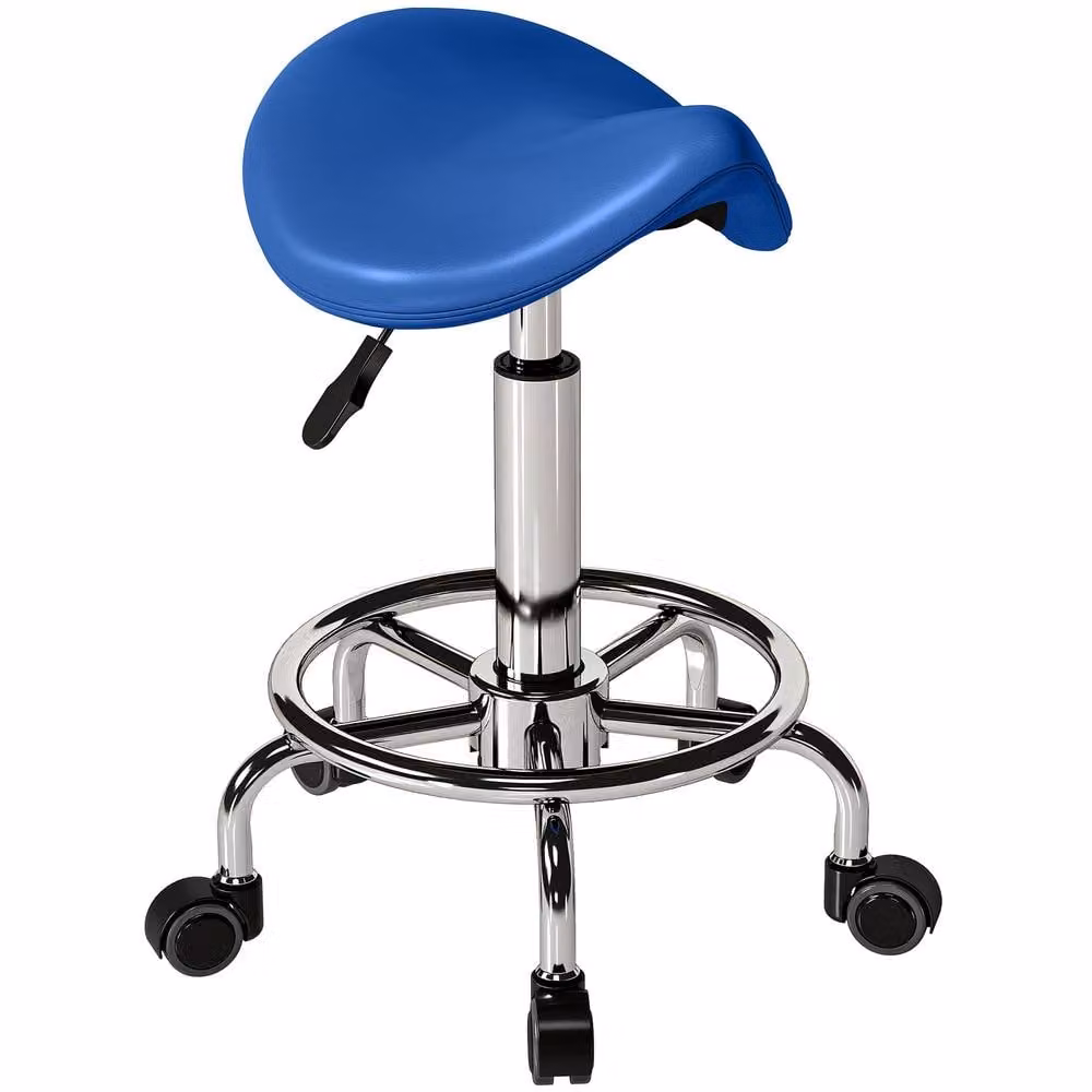 STILVORA Adjustable Height Saddle Stool with Blue PU Leather and Castors – 4