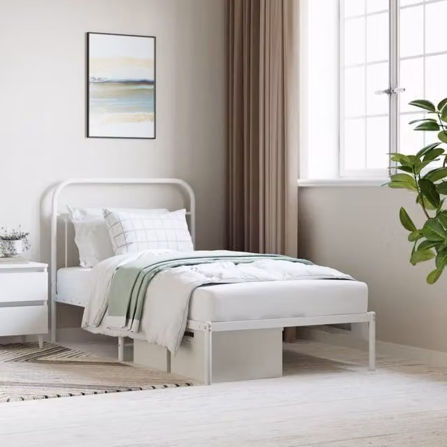 Berkfield Home Metal Bed Frame with Headboard in White, W/D/H: 100 x 190 cm