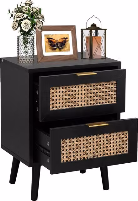 Home Stuff Plus Modern Black Rattan Bedside Table with Geometric Design