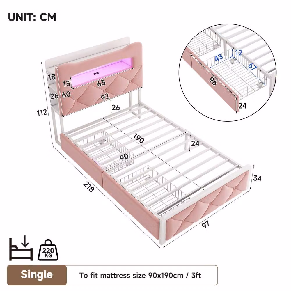 BTM Single Velvet Upholstered Bed in Pink with LED Under-bed Lighting, USB Charging Port and 2 Drawers, W/D/H: 90 x 190 x 112 cm – 4