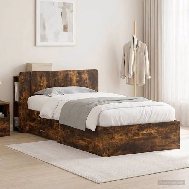 Berkfield Home Bed Frame with Storage in Smoked Oak Brown, W/D/H: 80 x 200 cm