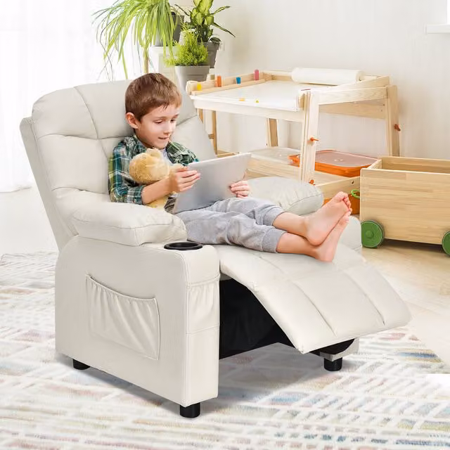 Costway Kids Youth Recliner Chair in Beige Synthetic Leather with Solid Wood Frame