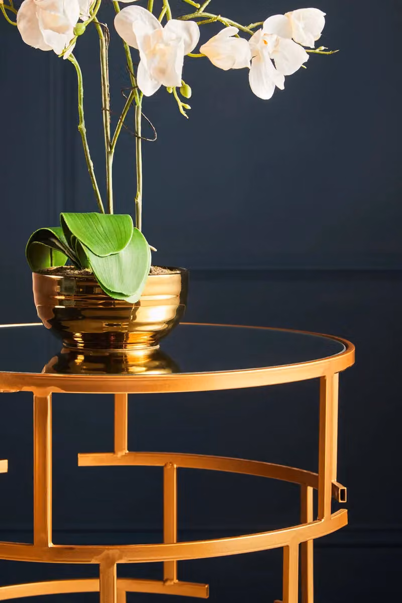 Orsina Set of 2 Gold Geometric Maze Design Nesting Side Tables with Glass Tops – 3