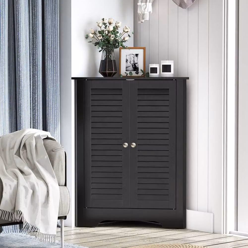 Gymax Freestanding Corner Storage Cabinet with Double Roll Shutter Doors in Black – 3