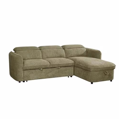 Beehive Furniture Corfu Reversible L-Shape Corner Sofa Bed in Green Fabric with Adjustable Headrest and Pull-out Drawer, W/D/H: 235.975 x 166 x 160 cm – 1