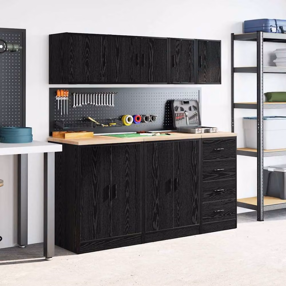 Berkfield Home Set of 2 Black Matt Engineered Wood Wall Mounted Garage Cabinets with Hinged Doors and Internal Shelves – 3