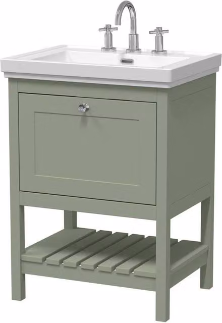 Balterley Bathroom 1 Soft Close Drawer Floor Vanity Unit Basin with Matt Green Finish, W: 63.0 cm, H: 86.5 cm, D: 63.0 cm