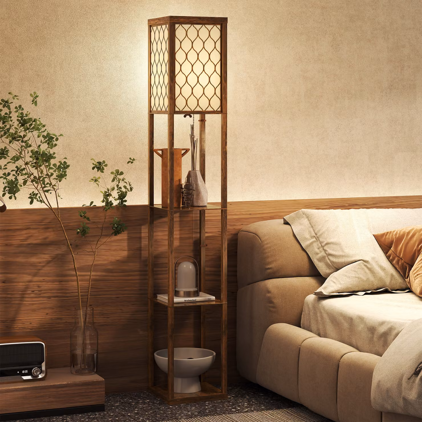 HOMCOM Three-Shelf Standing Floor Lamp in Rustic Brown and White – 2