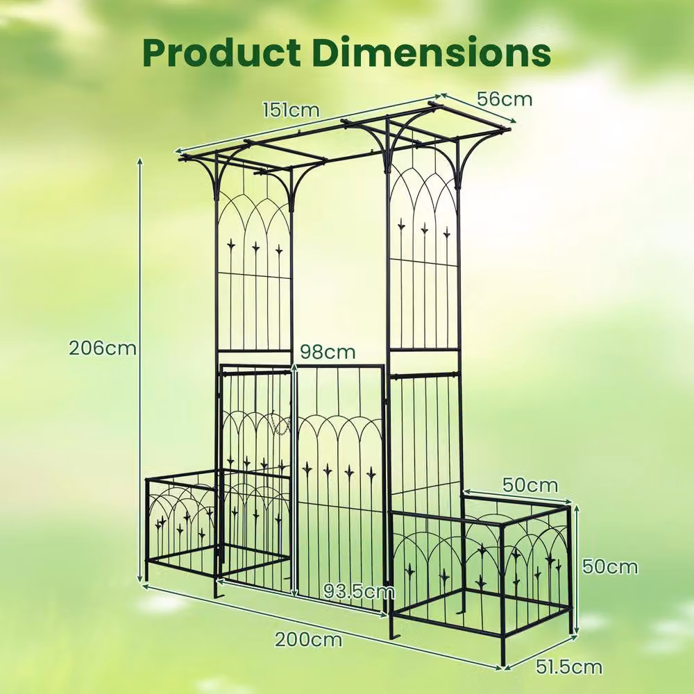 Gymax Metal Garden Wedding Arch with Gate, Planter Boxes and Side Plant Trellis in Black – 2