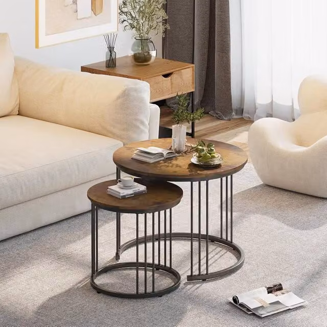Huhote Set of 2 Round Nesting Coffee and Side Tables with Brown Wood Tops and Metal Frames – 1