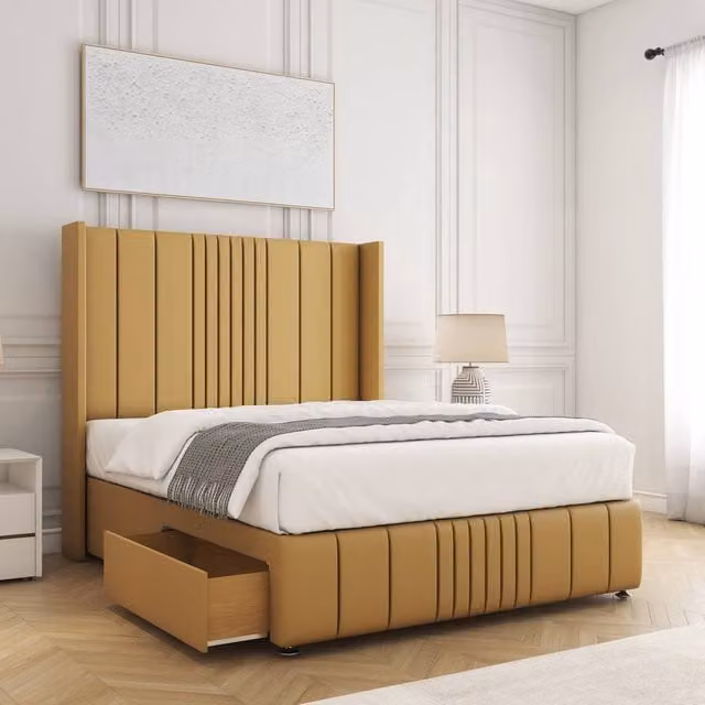 BSSPOKE Elise Plush Velvet Divan Bed with 54 inch Headboard, 2 Drawers, Footend and Mattress in Yellow, Size: Small Double, W/D/H: 120 x 200 cm