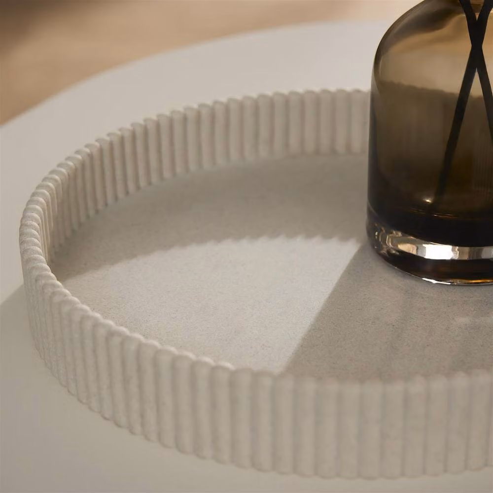 OHS Modern Round Geometric Ribbed Resin Decorative Tray in Beige – 2