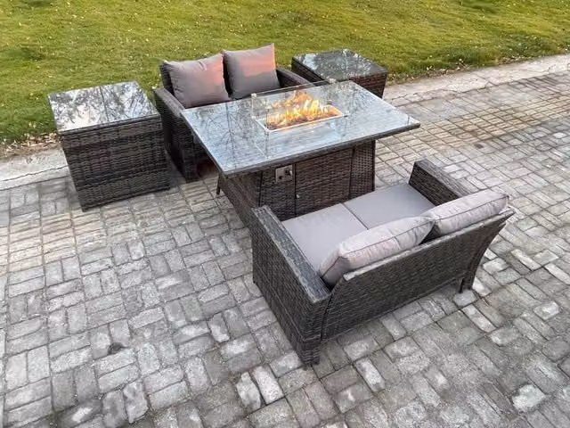 Fimous 4 Seater Rattan Garden Furniture Set with Gas Fire Pit Dining Table, Double Seat Sofa, Two Chairs and Two Side Tables in Dark Grey