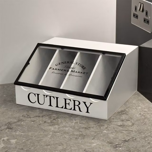 Maison Des Cadeaux White and Black Acrylic Cutlery Utensil Organiser with Compartments