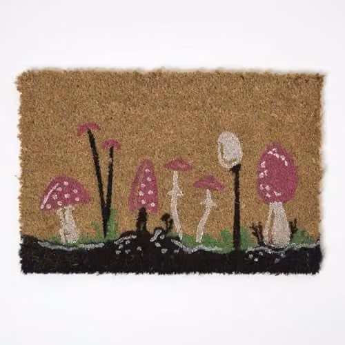 Homescapes Natural Coir Doormat with Red Mushroom Pattern, W/D: 60 x 40 cm – 1