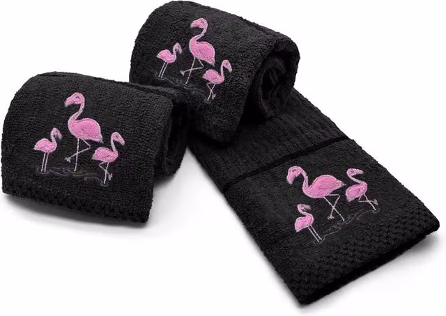 Velosso Flamingo Embroidered Cotton Tea Towel in Black