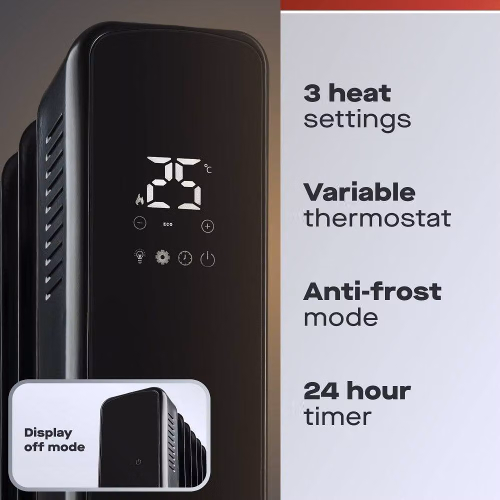 Daewoo 2.5kW Oil-Filled Radiator with Remote Control and LED Display, Black – 4