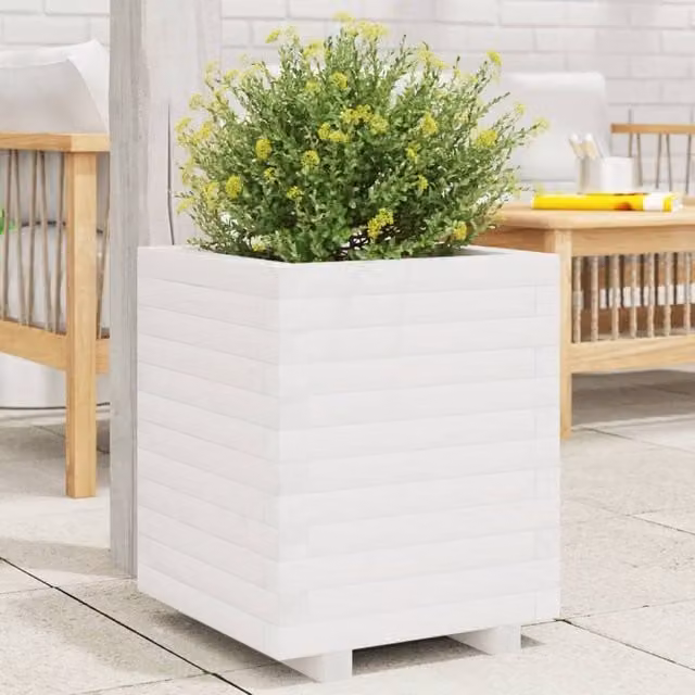 Berkfield Home White Solid Wood Pine Garden Planter Tub W: 40 cm, D: 40 cm, H: 49.5 cm