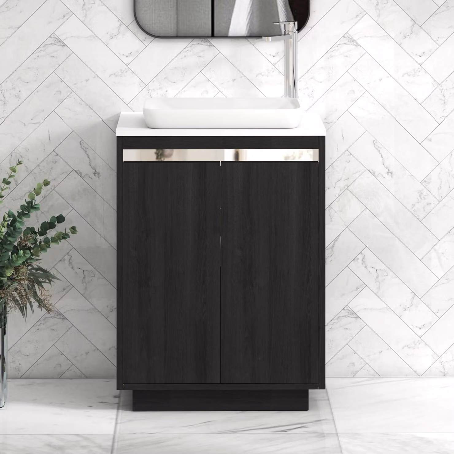 Royal Bathrooms Orion 600mm Hale Black and White Floor Standing 2 Door Vanity Unit with Qubix Basin and Chrome Accent Trim