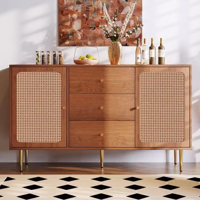 Merax Walnut Rattan Sideboard in Brown with Adjustable Shelves and Drawers – 1