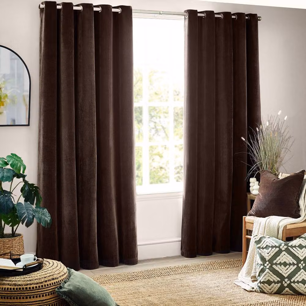 Yard Brown Chenille Blackout Eyelet Curtain Pair, W: 117 cm, H: 137 cm – 2