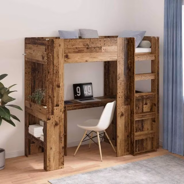 Berkfield Home Loft Bed Frame with Desk in Old Wood Brown, W/D/H: 75 x 190 x 26 cm – 1