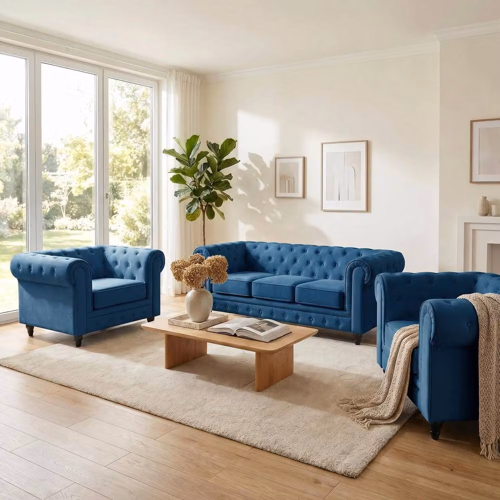Bravich LTD Chesterfield Scroll Arm Velvet Sofa Set in Navy Blue, 2 Pack – 2