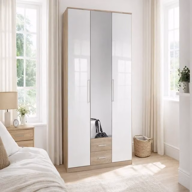 TJS Gamma 4 Door Gloss White and Oak Wardrobe with Internal Drawers and Shelves, W/D/H: 135.0 x 135.0 x 199.0 cm