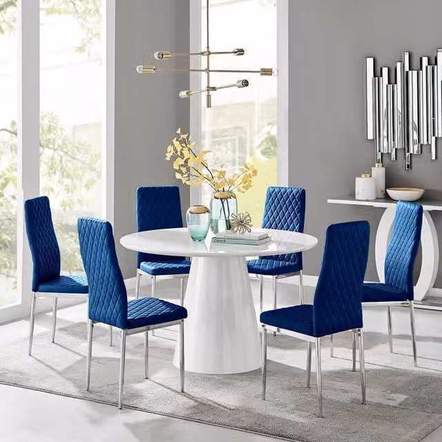 FurnitureboxUK Palma White High Gloss Round Dining Table and 6 Navy Velvet Milan Chairs