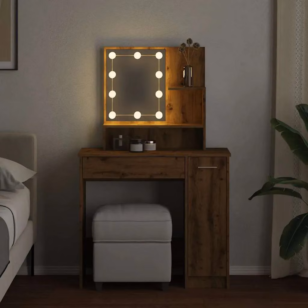 Berkfield Home Modern Dressing Table with LED Hollywood Mirror in Artisan Oak Brown, W/D/H: 86.5 x 35 x 136 cm – 3