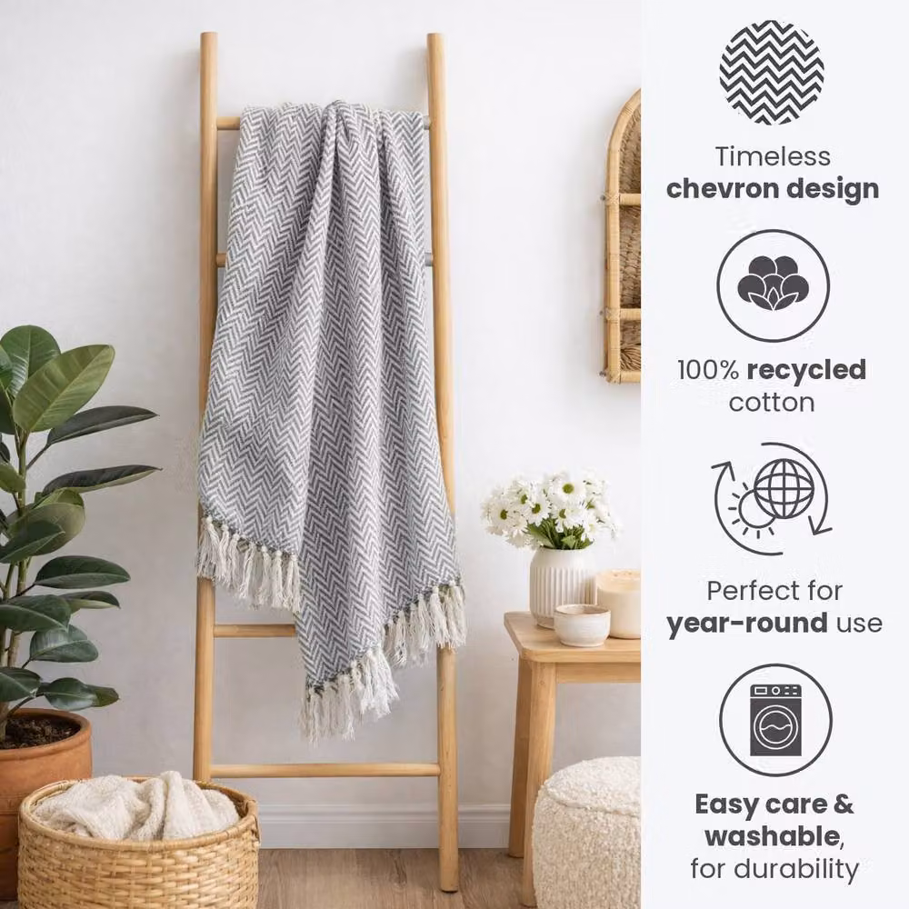 Allure Bath Fashions Chevron Herringbone Cotton Throw Blanket, Grey, W: 150 cm, D: 200 cm – 4