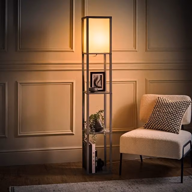 ValueLights Struttura Shelving Unit Floor Lamp with Fabric Shade and Bulb in Grey