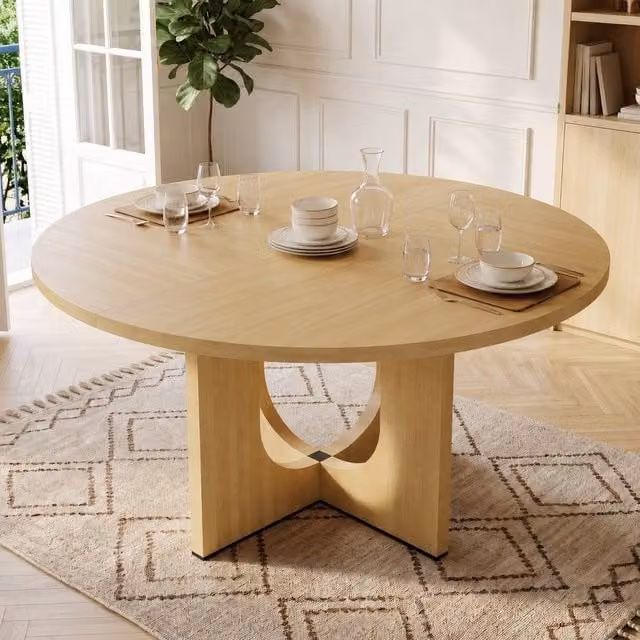 Merax Mid-Century Modern Round Pedestal Dining Table in Natural Brown, Diameter: 120 cm, Height: 75 cm – 1