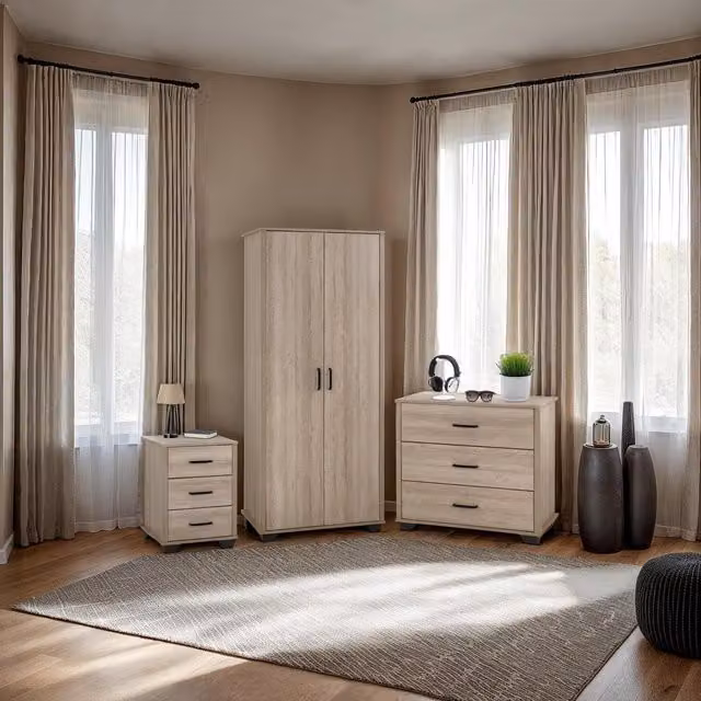Seconique Oliver Trio Set in Light Oak Effect with Black and Beige Accents