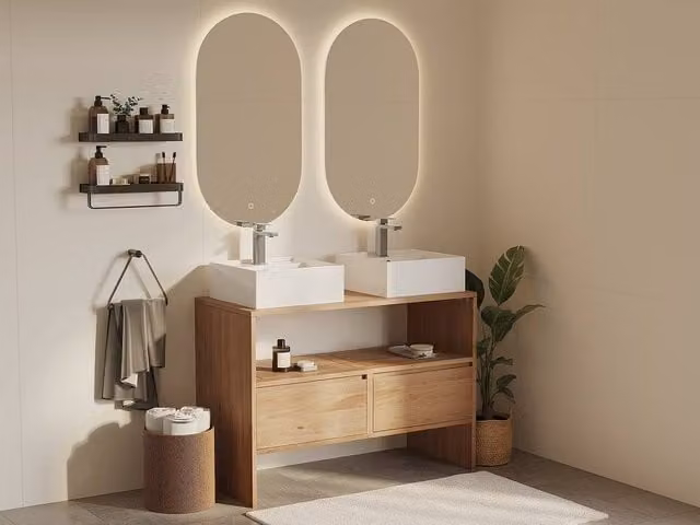 Vente-unique Solid Oak Bathroom Vanity Unit with Square Countertop Basin in Light Oak