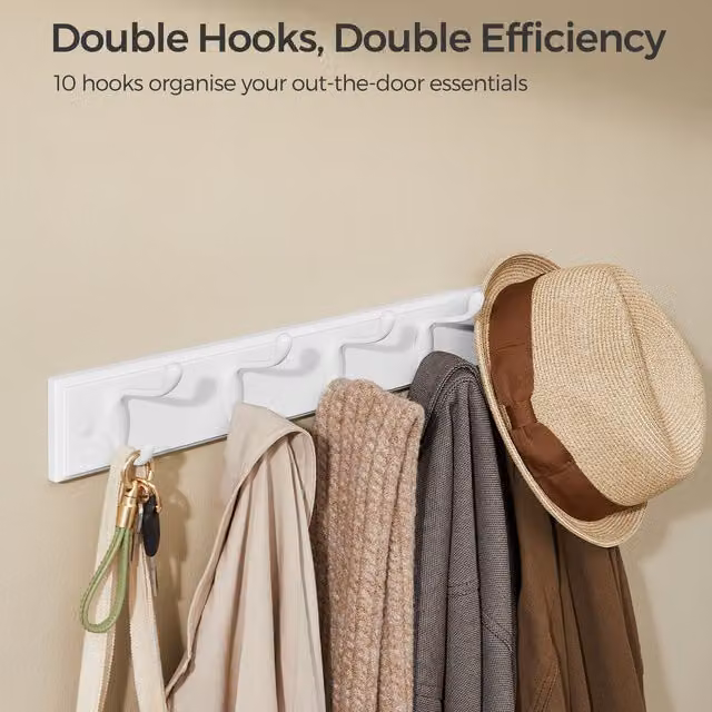 SONGMICS Modern Wall-Mounted Coat Rack with 5 Dual Metal Hooks, White