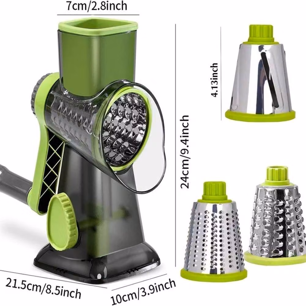 FLAVORA Green Rotary Cheese Grater and Handheld Fruit and Vegetable Slicer with Multiple Blades and Non-Slip Base, W/D/H: 15 x 15 x 15 cm – 5