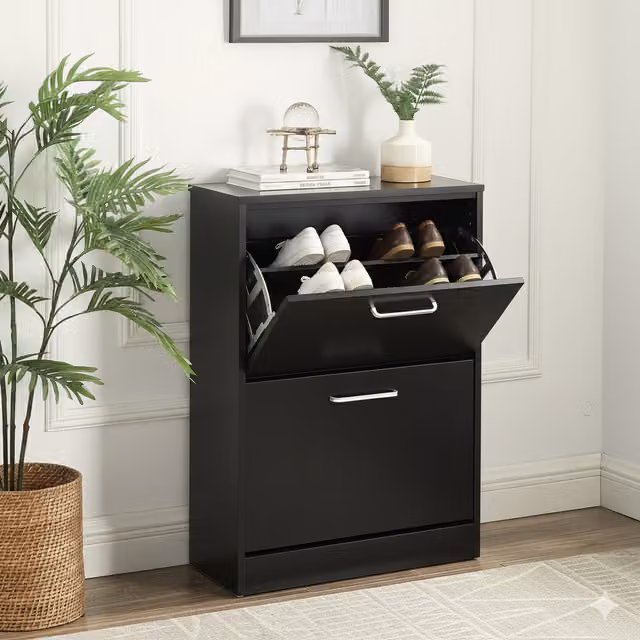 Home Treats Minimalist Black Wooden Shoe Cabinet with Tilting Compartments and Drawers, W/D/H: 90 x 28 x 60 cm