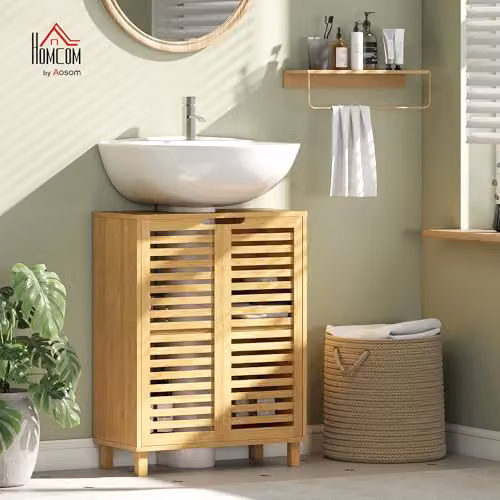 HOMCOM Freestanding Under Sink Bathroom Cabinet in Brown with Adjustable Internal Shelves and Hinged Doors – 2