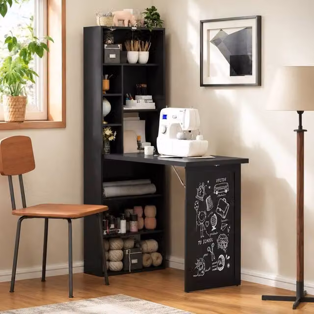 STILVORA Wall-Mounted Folding Desk with Storage and Blackboard in Black